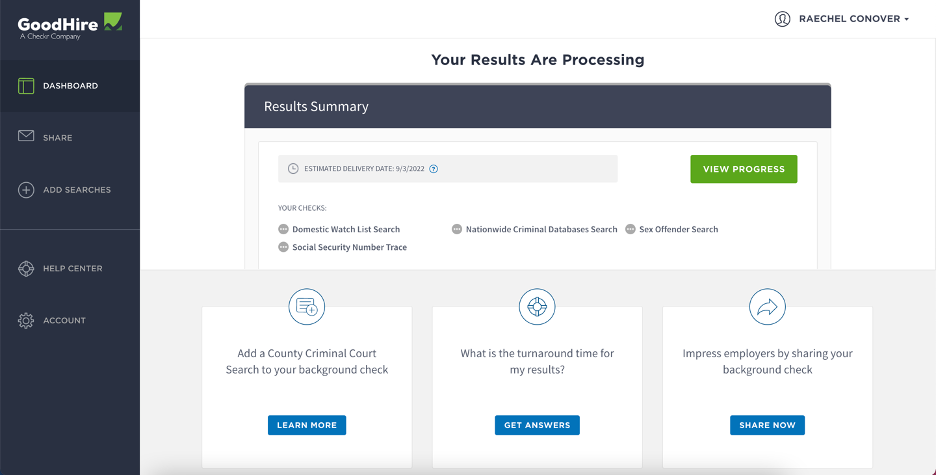 goodhire login and results window screenshot