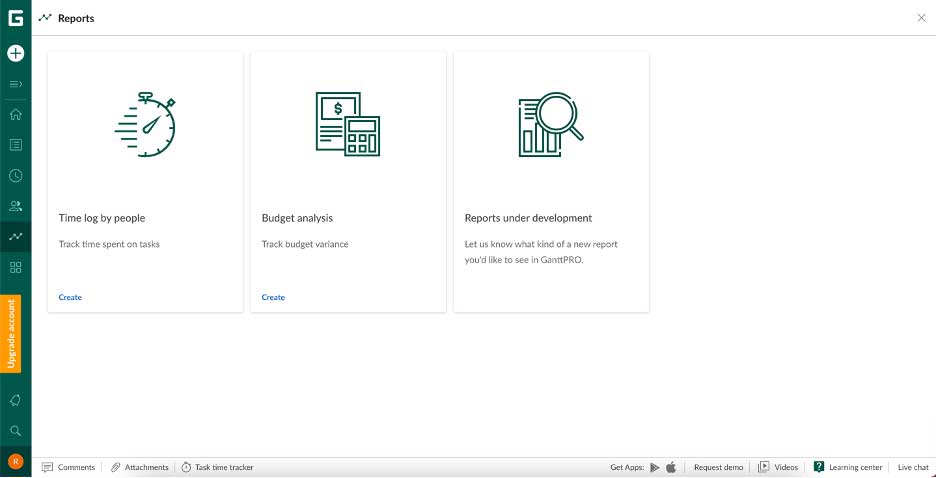 ganttpro reporting options screenshot