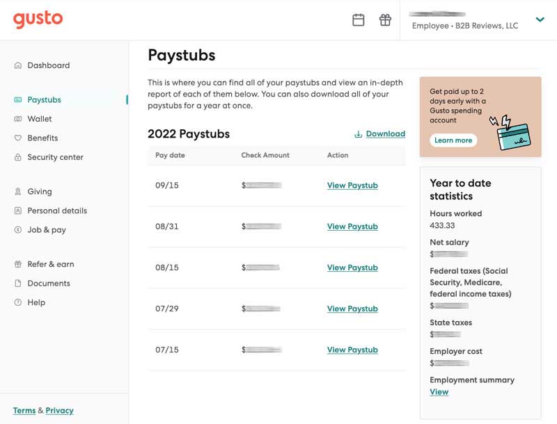 gusto employee paystubs view screenshot