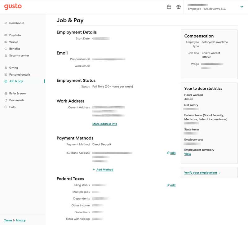gusto employee account view screenshot