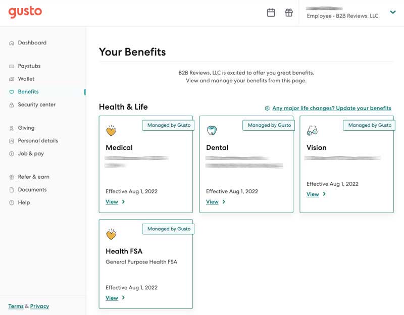 gusto employee benefits info screenshot