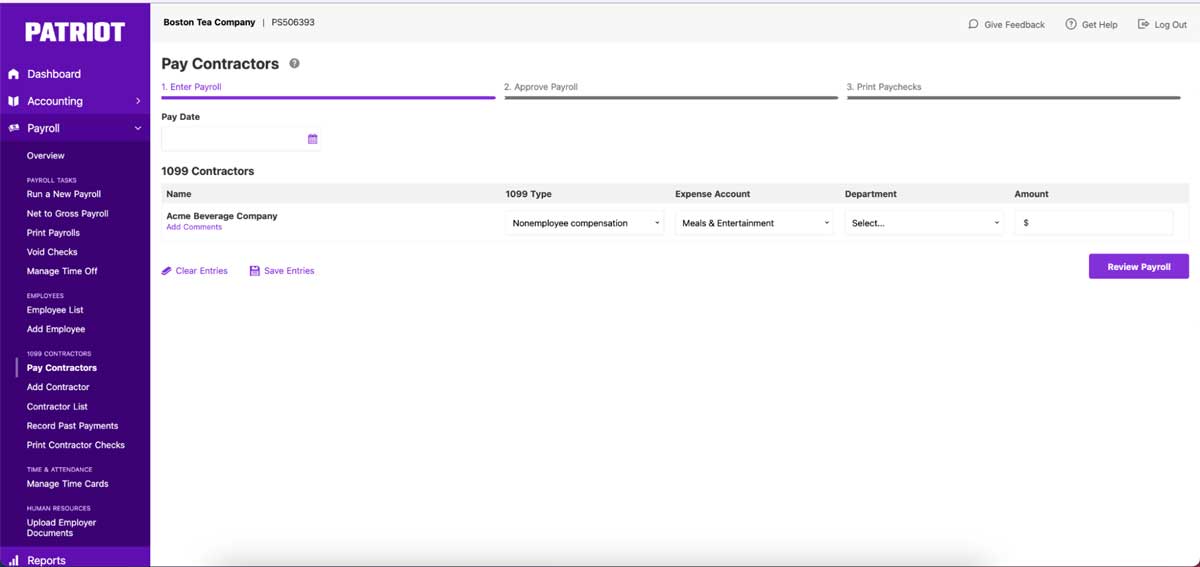 patriot payroll software demo screenshot