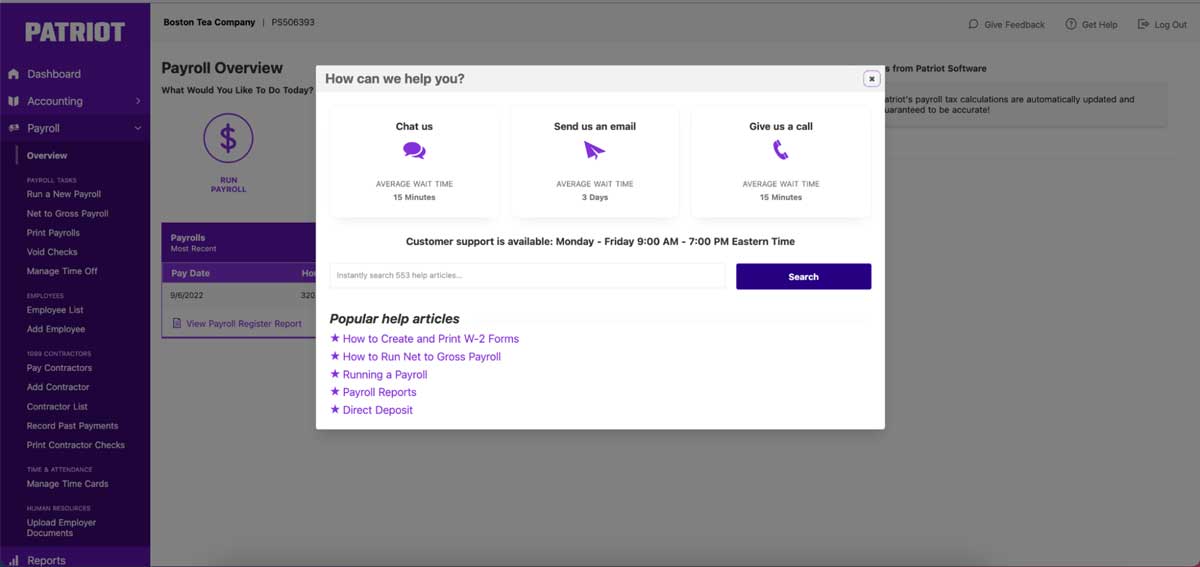 patriot customer service screenshot