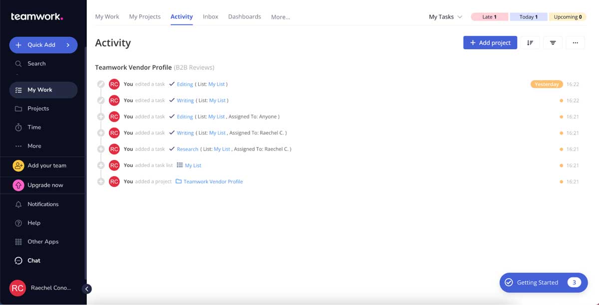 teamwork.com activity tracker screenshot