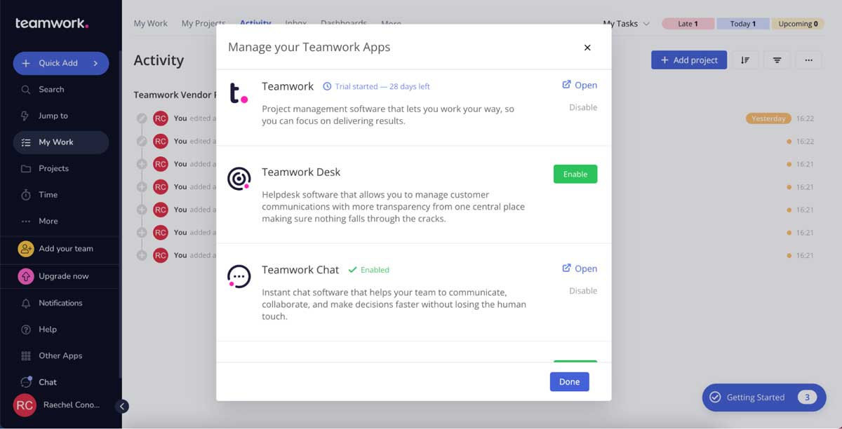 teamwork.com app choices screenshot