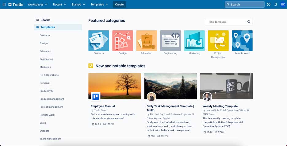 trello pre-built templates screenshot