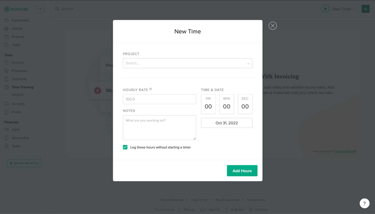 bonsai time logging tool screenshot
