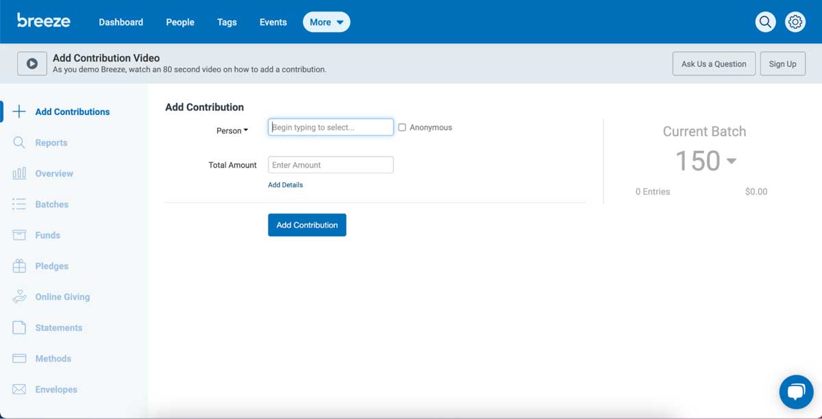 breeze donation management dashboard screenshot