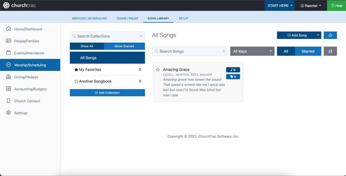 churchtrac worship planning dashboard screenshot