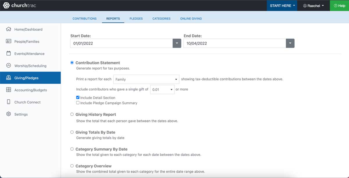 churchtrac reports screenshot