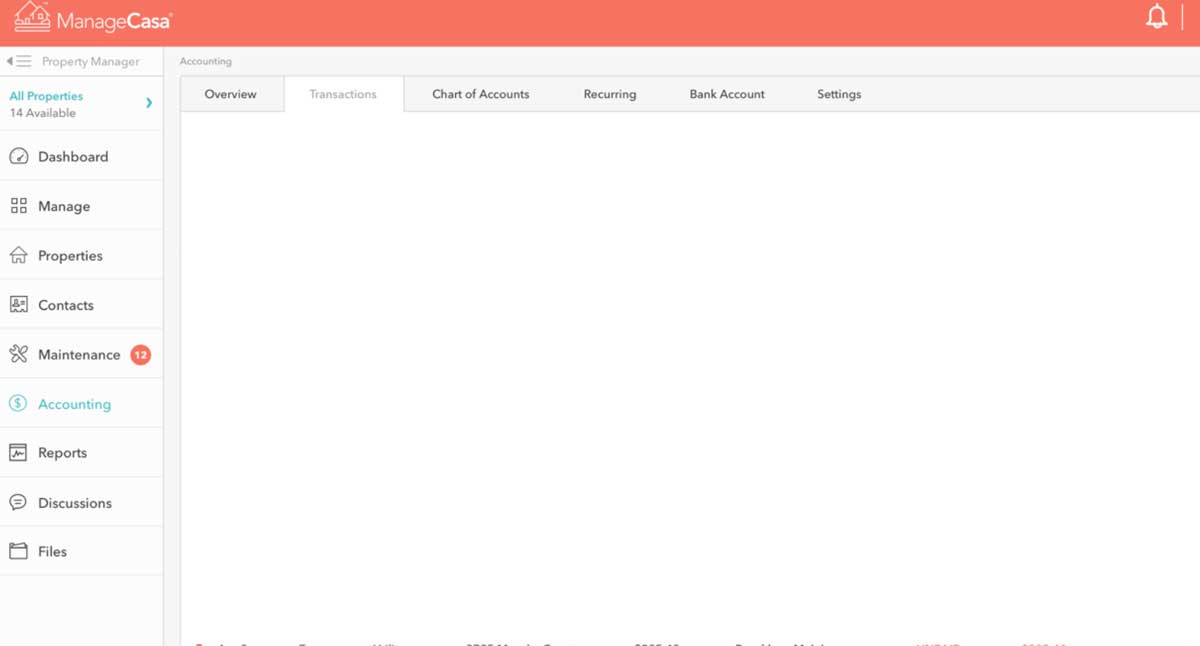 managecasa dashboard sections and features screenshot