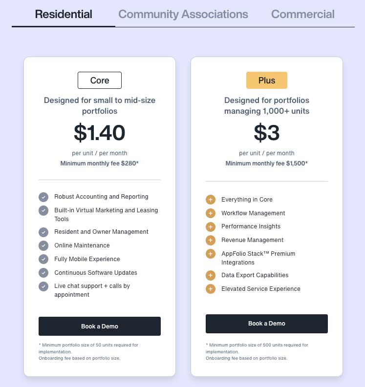 appfolio residential pricing screenshot