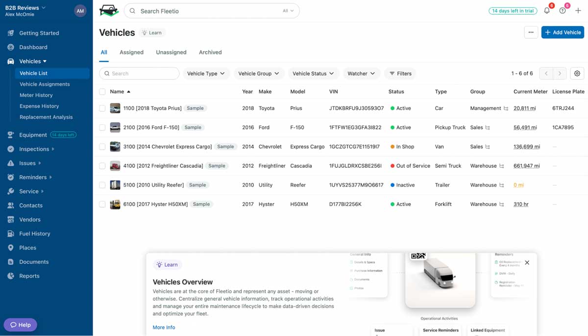 fleetio vehicle list screenshot