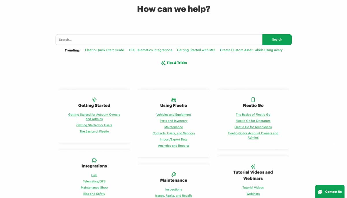 fleetio help center screenshot