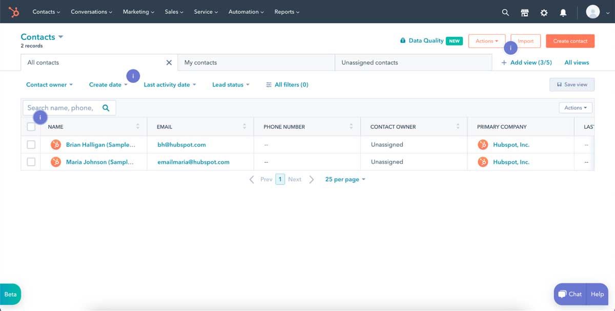 hubspot crm contact management screenshot