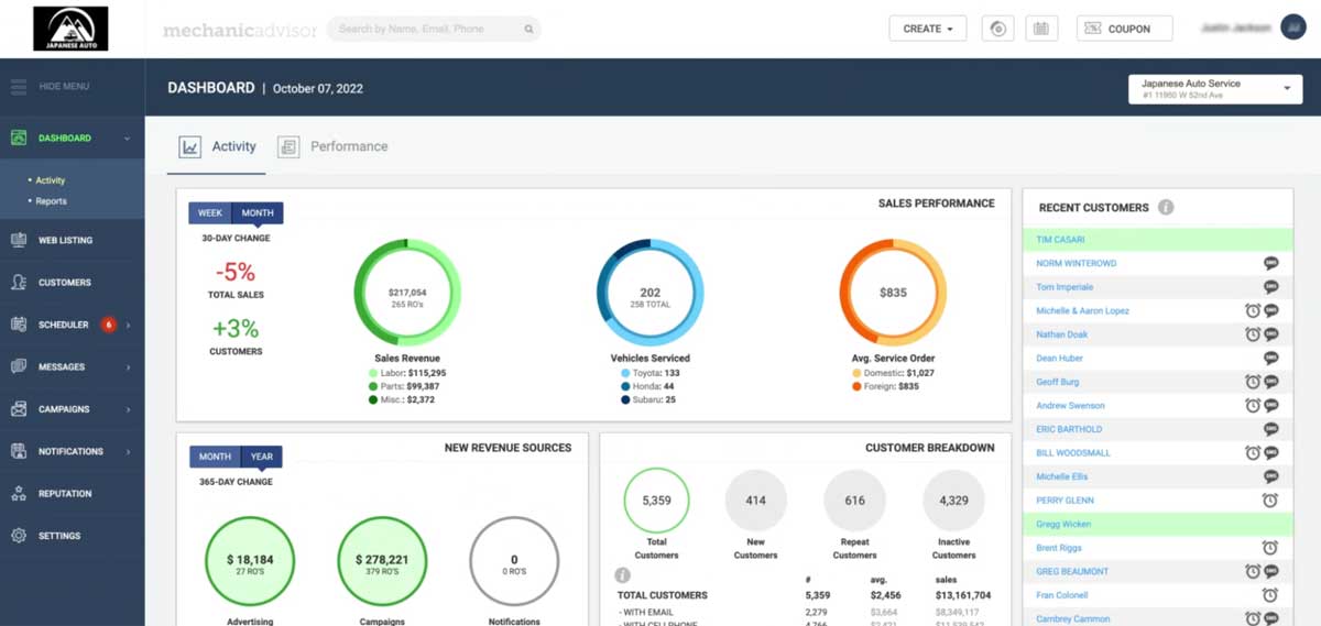 mechanic advisor dashboard screenshot