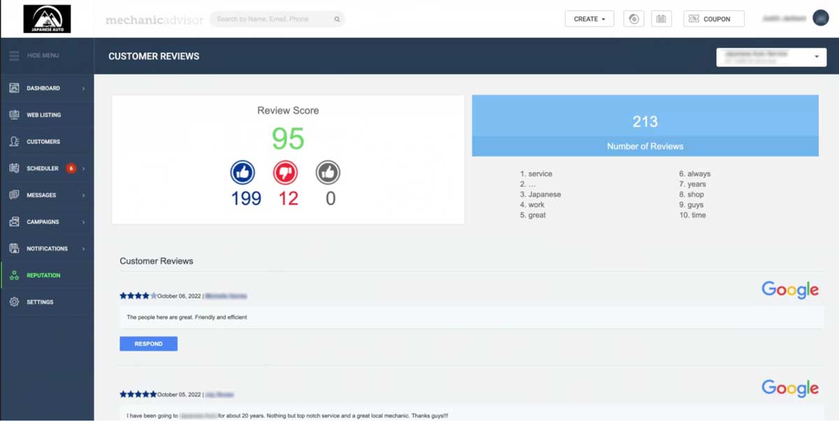 mechanic advisor customer reviews screenshot