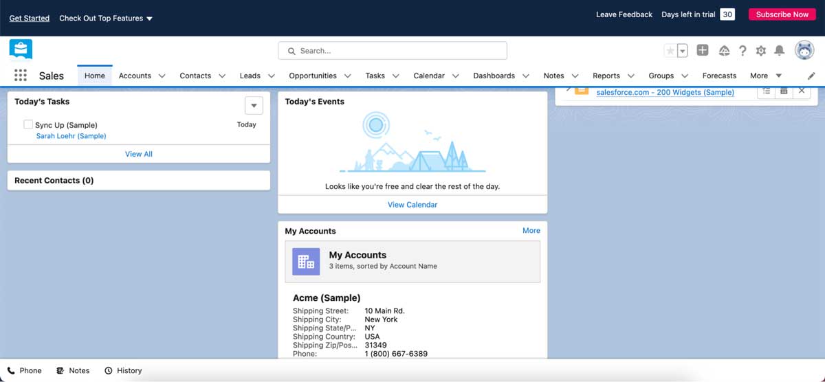 salesforce sales cloud login dashboard screenshot