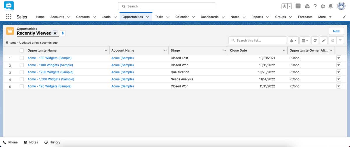 salesforce sales cloud opportunity dashboard screenshot