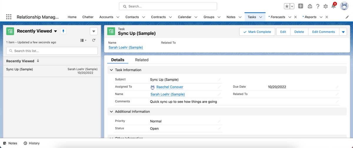 salesforce sales cloud task page screenshot