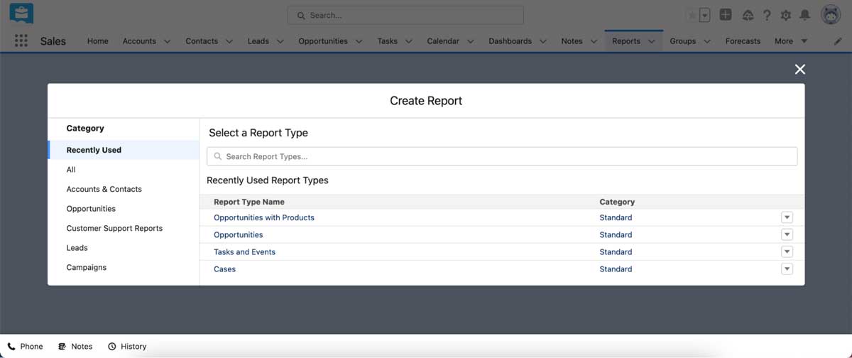 salesforce sales cloud report creation screenshot
