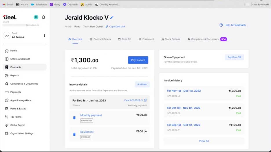 deel payment per contract screenshot