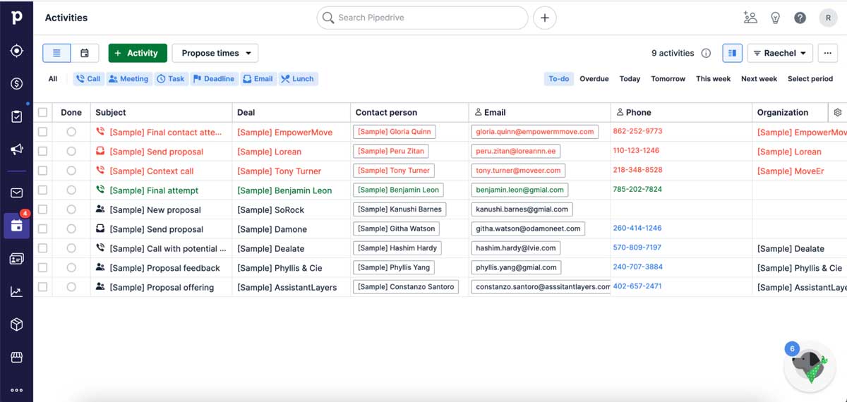 pipedrive task list screenshot