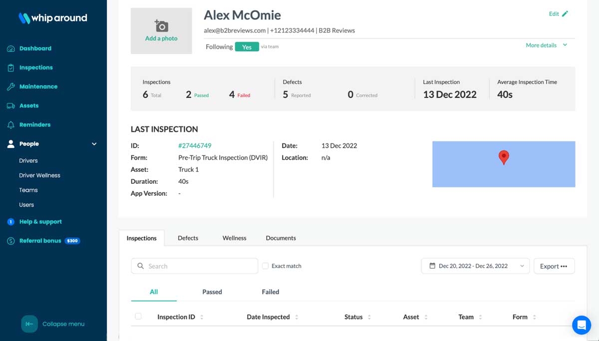 whip around driver information screenshot