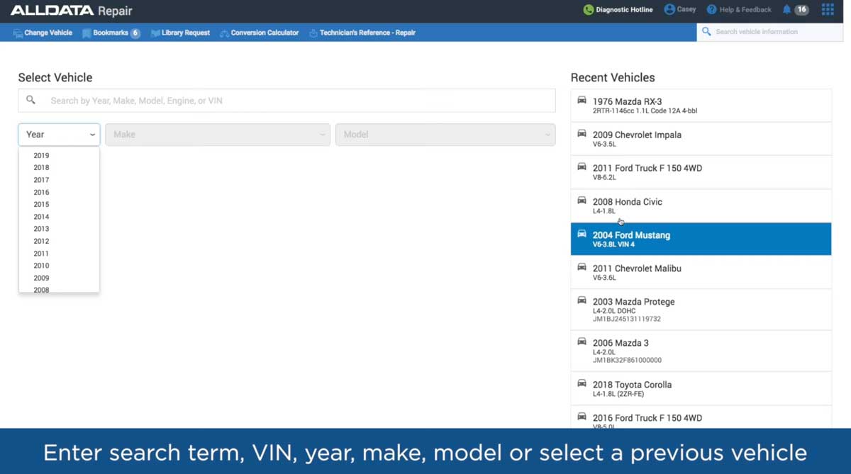 alldata vehicle search screenshot