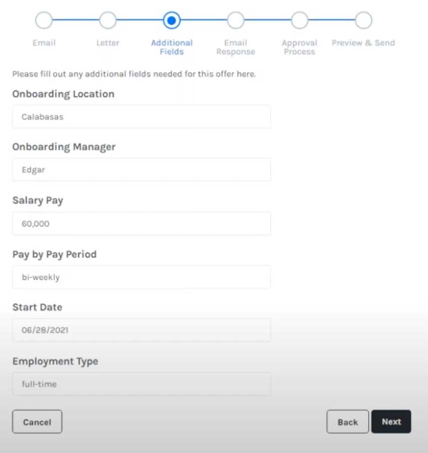 arcoro creating an offer letter screenshot