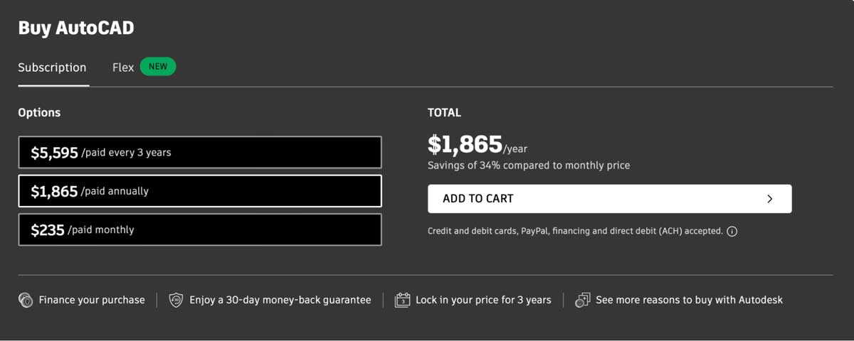 autocad pricing screenshot