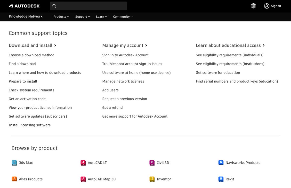autodesk support center screenshot