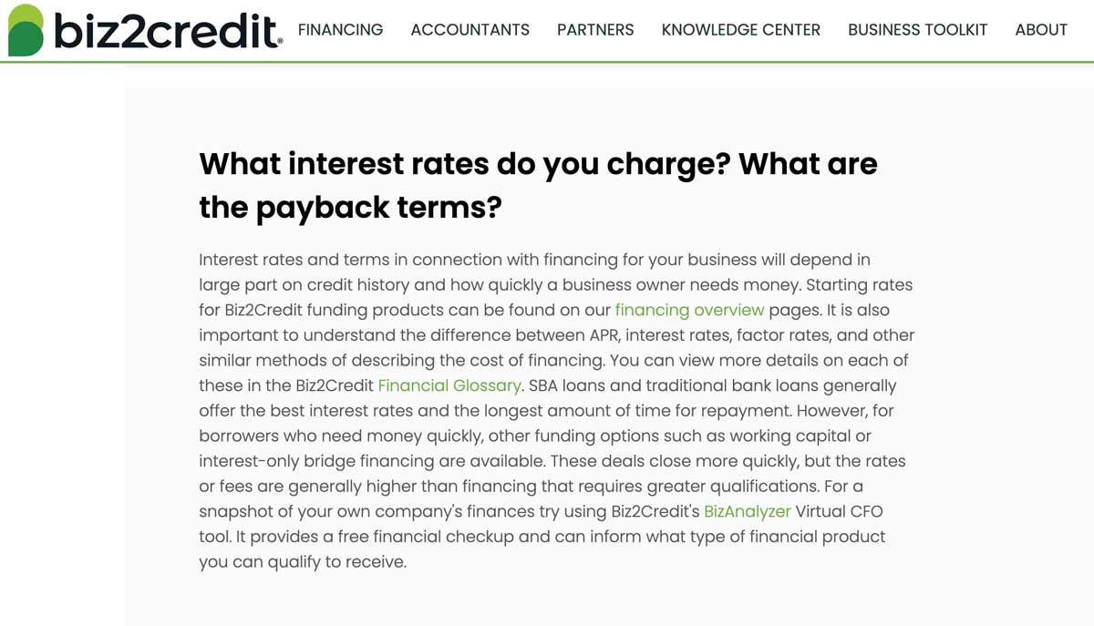 biz2credit interest rates explained screenshot