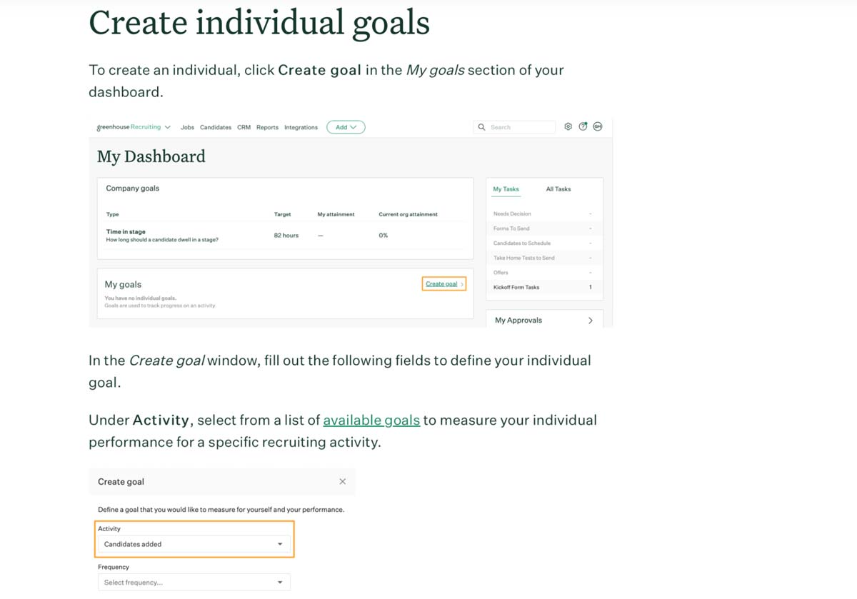 greenhouse help article on individual goals screenshot
