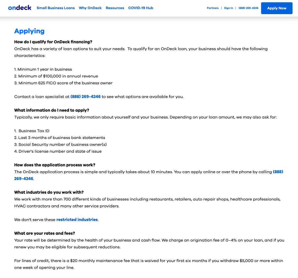 OnDeck applying FAQs screenshot