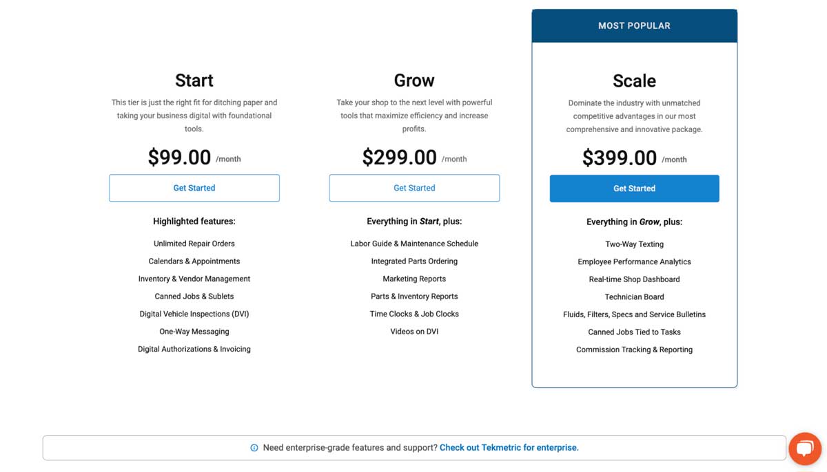 tekmetric pricing and plans screenshot