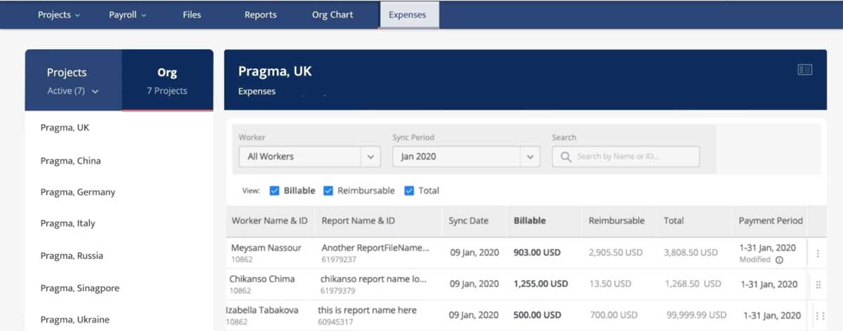 papaya global expenses section screenshot