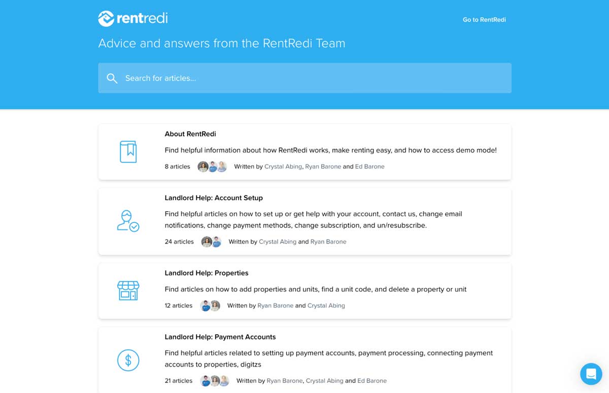 rentredi support articles screenshot