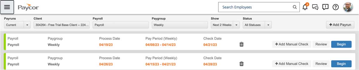 paycor payroll dashboard screenshot