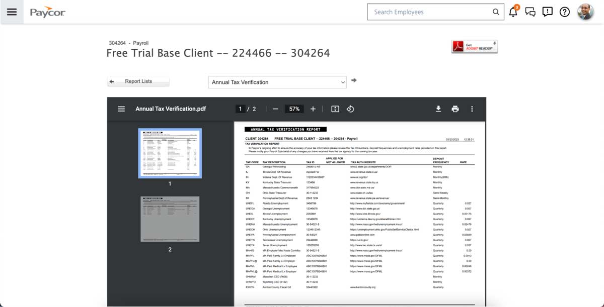 paycor tax verficiation reporting screenshot