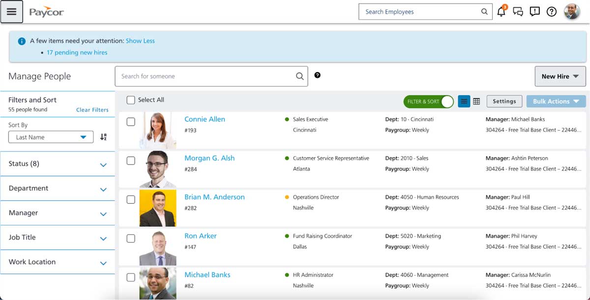 paycor people management feature screenshot