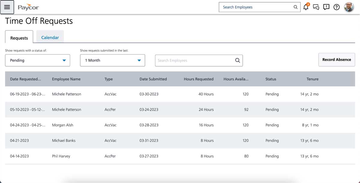 paycor time off request dashboard screenshot