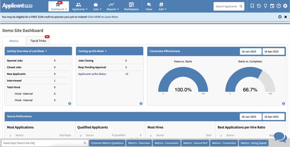 applicantpro metrics dashboard screenshot