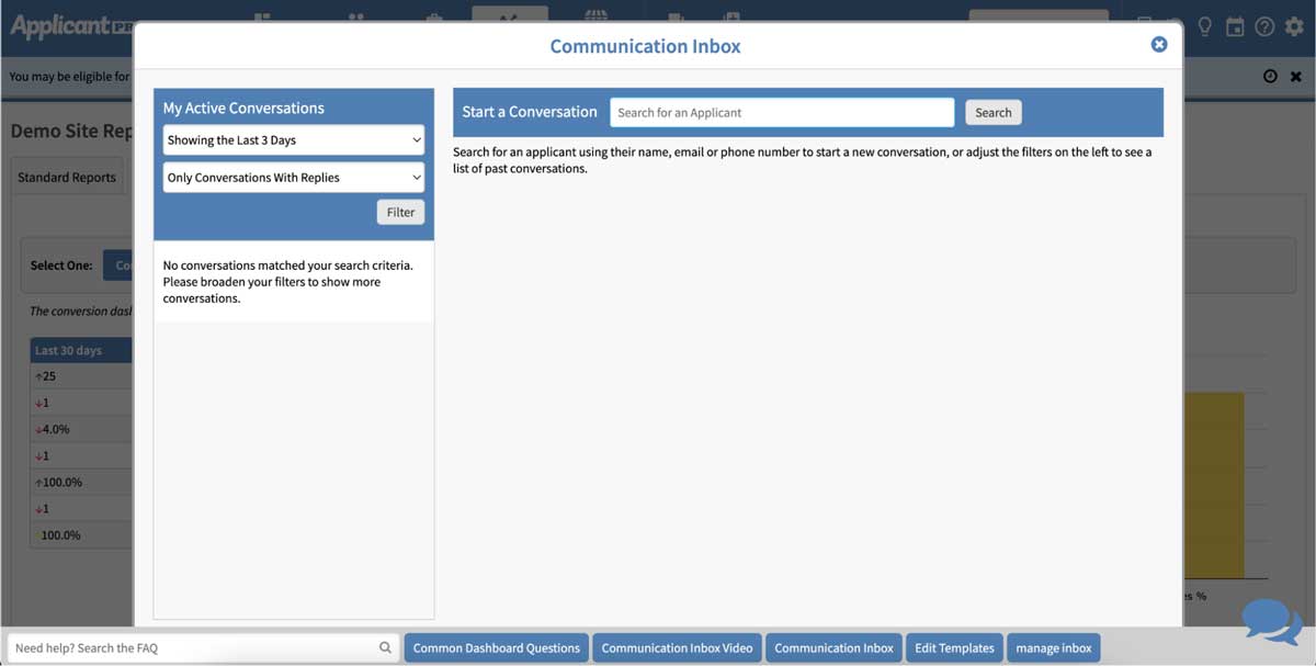 applicantpro communication inbox screenshot