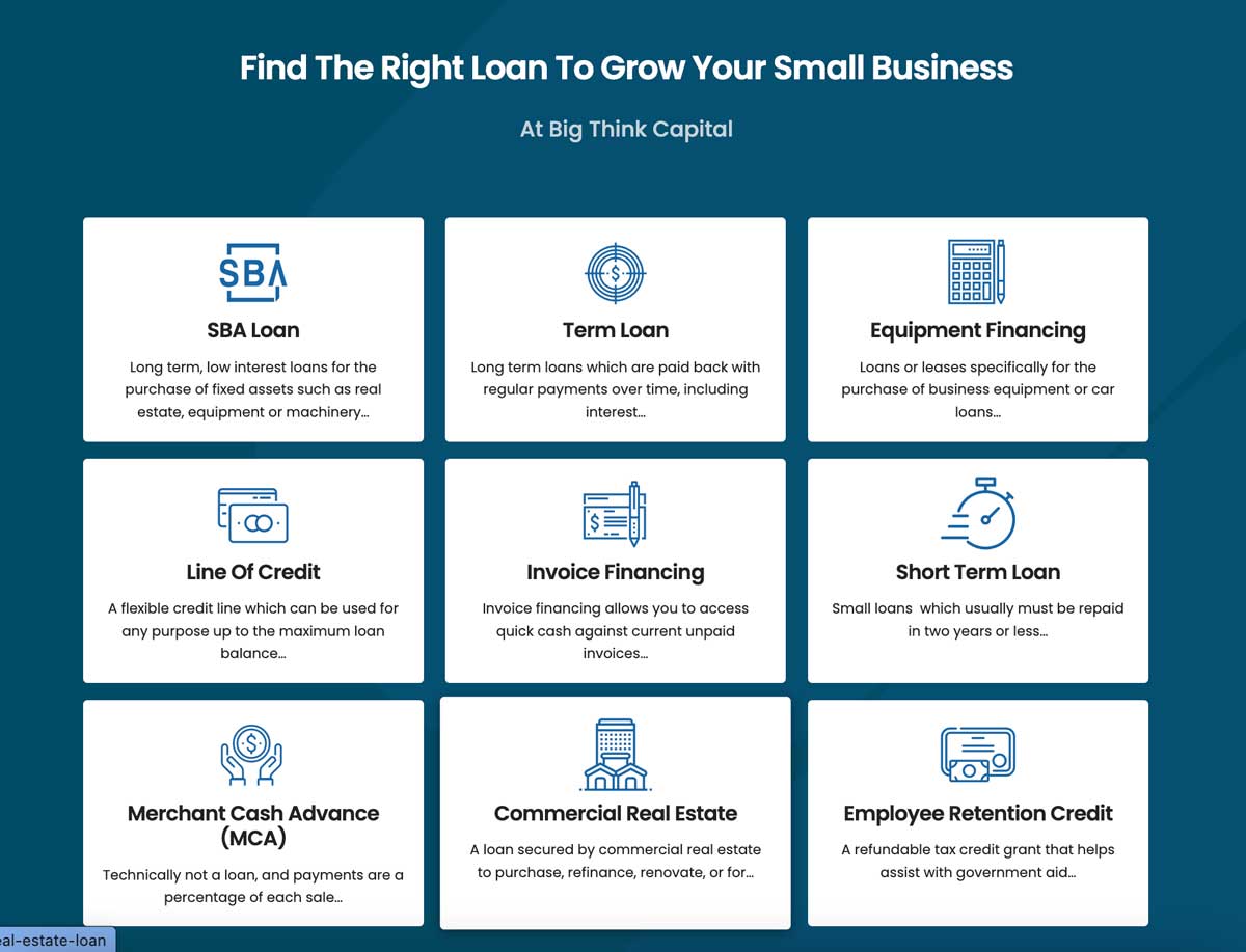 big think capital offered financing screenshot