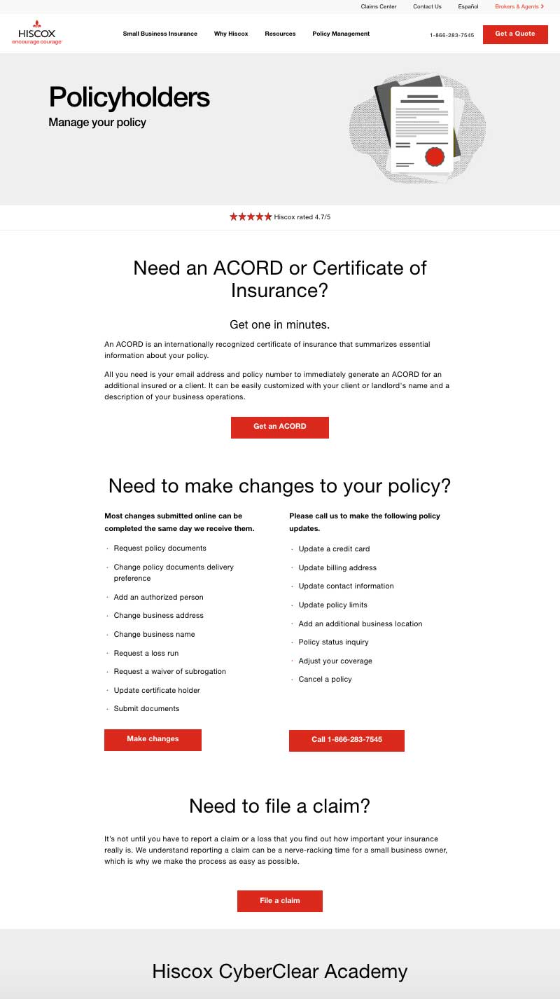 hiscox online policy management for customers screenshot