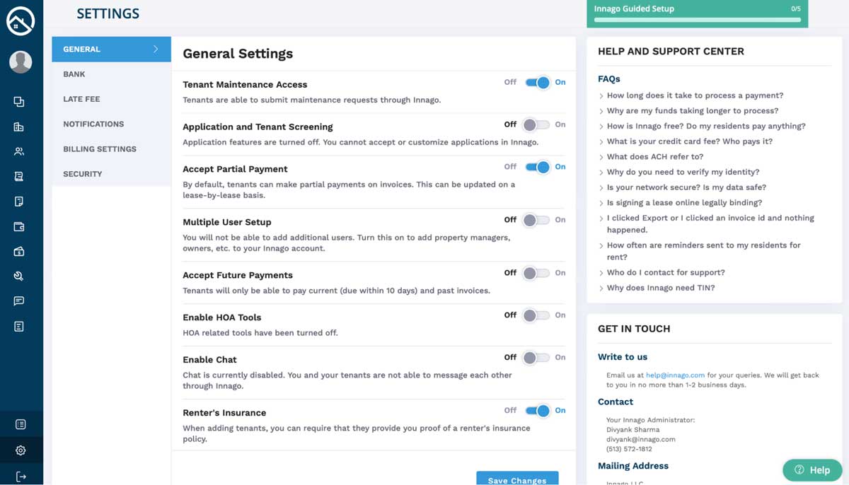 innago managing account settings screenshot