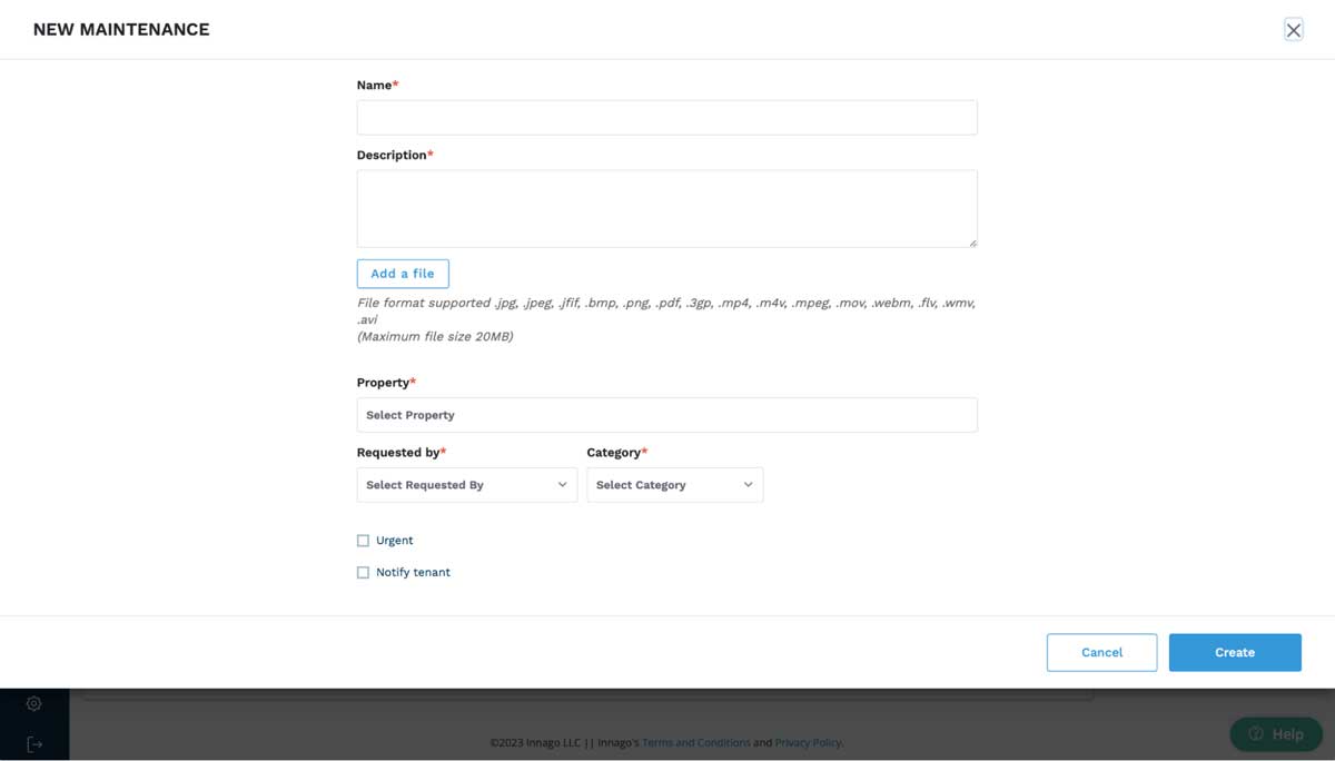 innago new maintenance request screenshot