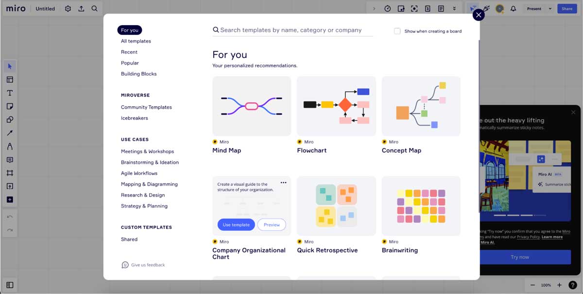 miro templates for starting a new board screenshot
