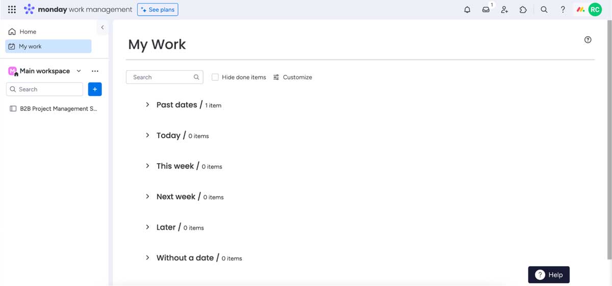 monday.com personal task list screenshot